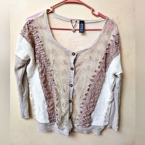 BKE Women’s Cream Crochet Textured Lace Knit Button Up Sheer Cardigan Sweater M